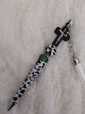 Black & White Cow Print Pen with Green Accent and Jesus Cross Charm